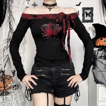 New autumn women's clothing Halloween sexy hot girl style one-shoulder red plaid splicing top for women