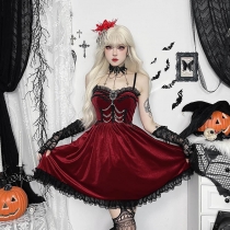 Autumn 2024 new Halloween dark style sexy dark chain lace A-line dress for women