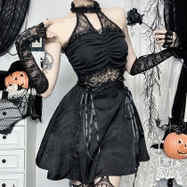 2024 new Halloween dark style temperament sexy heavy-duty halter neck A-line dress for women