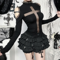 Spring 2025 new style dark style hot girl sexy versatile cross semi-transparent long-sleeved top for women