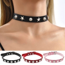 New personality niche imitation pearl five-pointed star rivet collar creative collar clavicle chain sexy PU leather necklace