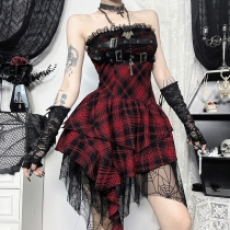 Summer 2024 new style hip skirt celebrity style sexy red plaid tube top dress for women