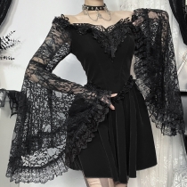 2024 new sexy one-shoulder A-line lace stitching long-sleeved trumpet sleeve dress for women