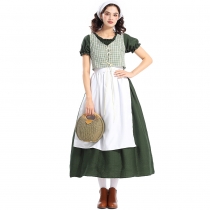 Halloween costumes prairie colony dark green pastoral plaid dress pioneer dress Victorian medieval dress