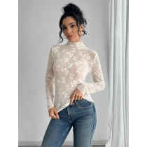 European and American 2025 spring new women's butterfly jacquard mesh slim small stand collar long sleeve T-shirt top