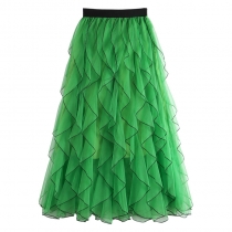 Wavy mesh tulle skirt for women summer 2022 new elastic waist slim medium-length solid color swing skirt