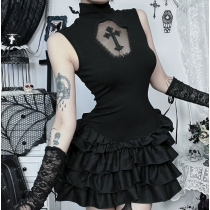 Dark Gothic Cross Hollow Vest Dress 2025 New Slim Pleated Vest Dress