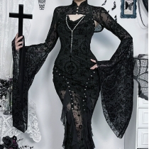 Dark Gothic New Chinese Flocking Cardigan 2025 New Flared Sleeve Lace Dark Cardigan