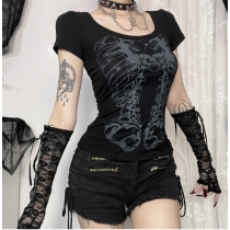 Square Neck Printed Backless Hollow Short Sleeve T-shirt Women's Dark Gothic Style Punk Fashion Slim Fit Tops Women