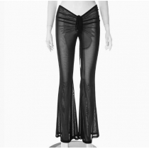 European and American hot-selling mesh pleated drawstring flared pants sexy see-through slim low-waist women's trousers