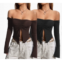 European and American women's spring and autumn two-wear tops with wooden ears and trumpet sleeves, sexy off-shoulder long women