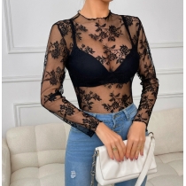 2025 Lace Tops Sexy Hollow Shirts Women Sexy Transparent Long Sleeve Bottoming Shirts