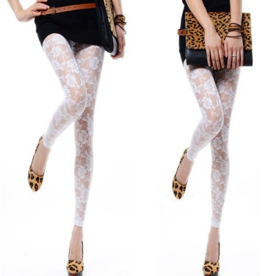 New spring and summer styles European and American fashion rose mesh leggings Sexy transparent lace nine-point skinny pants