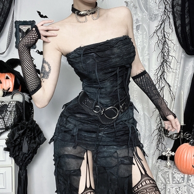 Autumn 2024 new sexy hip skirt Halloween wasteland style tube top double slit dress for women