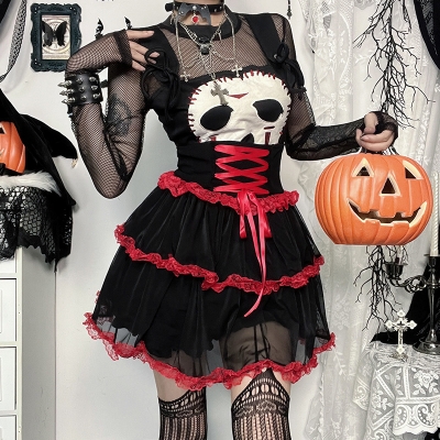 2024 new Halloween dark style temperament contrast color lace strap mesh skirt for women