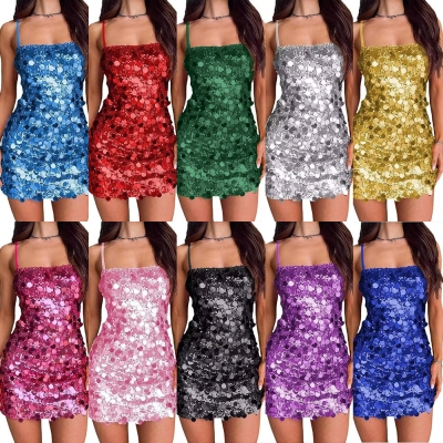 2024 European and American women's sequined suspender dress banquet party dance hot girl backless short hip skirt