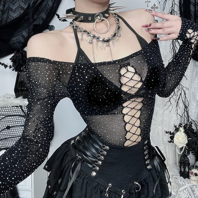 Autumn 2024 new European and American style street hottie sexy spider web hollow see-through jumpsuit for women