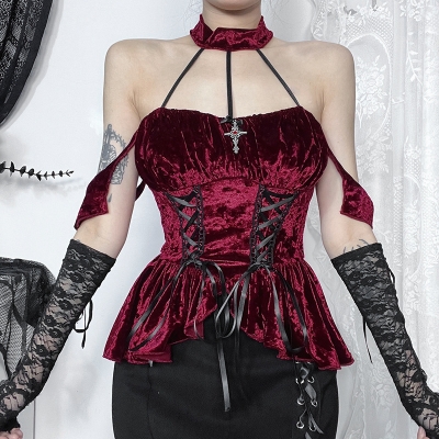 Summer 2024 new style dark style sexy small flying sleeve waist ruffled halter neck vest top for women