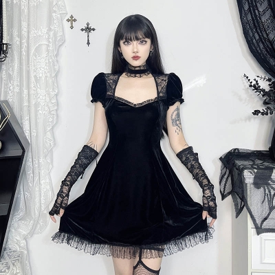 Summer 2024 new Gothic style velvet lace short skirt dark style temperament sexy dress for women