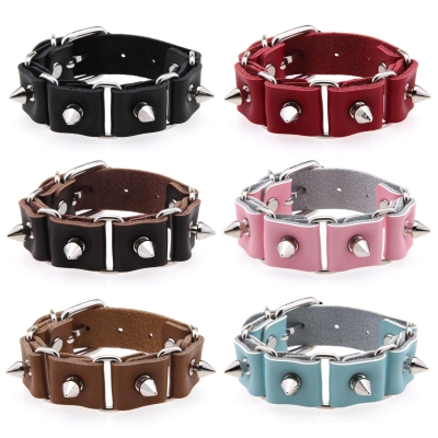 Genuine leather cowhide bracelet personality punk style alloy spike bracelet accessories adjustable trendy street dance bracelet wristband