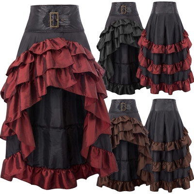 New European and American retro short front and long back irregular ruffle high waist splicing cake skirt