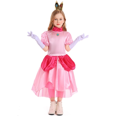 Girls Princess Tutu Skirt Children's Court Costume Pink Peach Flowers Show Dress