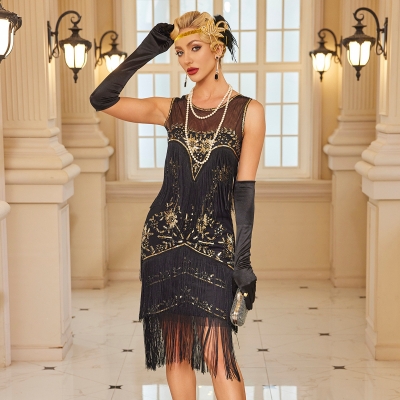 1920S Retro Ball Embroidered Tassel Dress Cocktail Party Large Size Sequin Beaded Mesh Dress