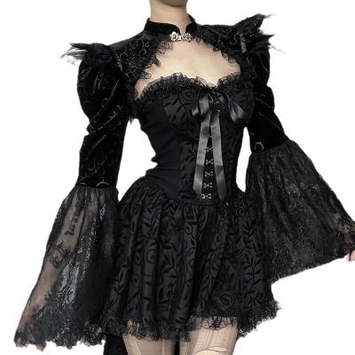 Halloween new European and American dark style lace stitching long sleeve versatile black waistcoat blouse top