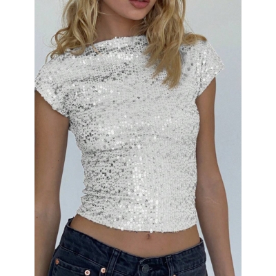 Sexy backless sequined T-shirt 2025 European and American new women's clothing hot girl casual short top