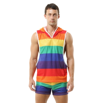 Rainbow Hooded Men's Vest V-Neck Hollow Breathable Thin Sexy Sleeveless Loose I-Beard Top Without Pants