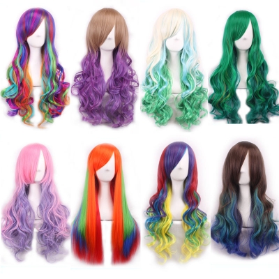 New European and American gradient color cosplay anime wig COS Harajuku style colorful female long curly hair headpiece lolita