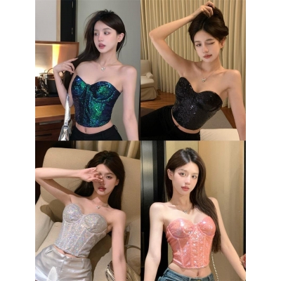 Heavy-duty fantasy colorful sequined fishbone bra tube top European and American hot girls pure desire to wear short vest top