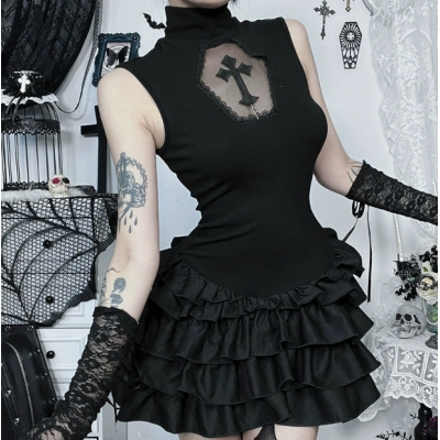 Dark Gothic Cross Hollow Vest Dress 2025 New Slim Pleated Vest Dress