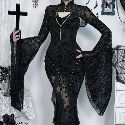 Dark Gothic New Chinese Flocking Cardigan 2025 New Flared Sleeve Lace Dark Cardigan