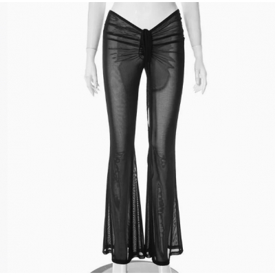 European and American hot-selling mesh pleated drawstring flared pants sexy see-through slim low-waist women's trousers