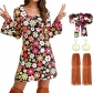 2023 Halloween 70's hippie disco costume holiday dress Headscarf + printed dress two-piece set