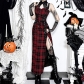 2024 New Halloween Temperament Red Plaid Lace Splicing High Slit Dress Women