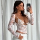 European and American style women's autumn new sexy perspective lace suspenders underwear two-piece long-sleeved top T-shirt