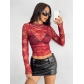 European and American 2024 autumn solid color lace stand collar transparent tight long sleeve women's top