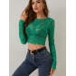 European and American 2024 new sexy single-layer lace long-sleeved short pullover slim fit T-shirt top