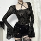 2024 new ins dark style sexy slim flocking contrast color large square collar long-sleeved tops for women