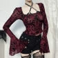 2024 new ins dark style sexy slim flocking contrast color large square collar long-sleeved tops for women