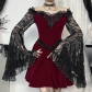 2024 new sexy one-shoulder A-line lace stitching long-sleeved trumpet sleeve dress for women