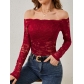 European and American 2025 elegant fan-shaped collar one-shoulder lace slim fit T-shirt long-sleeved top