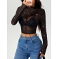 European and American 2025 spring and summer new women's small stand-up collar long-sleeved mesh transparent sequins decorated T-shirt tops for women