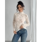 European and American 2025 spring new women's butterfly jacquard mesh slim small stand collar long sleeve T-shirt top