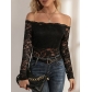 European and American 2025 elegant fan-shaped collar one-shoulder lace slim fit T-shirt long-sleeved top