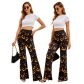 2025 New European and American Women's Halloween Bell-bottom Pants Pumpkin Bat Digital Printing Fashion Women's Trousers