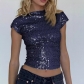 Sexy backless sequined T-shirt 2025 European and American new women's clothing hot girl casual short top