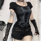 Square Neck Printed Backless Hollow Short Sleeve T-shirt Women's Dark Gothic Style Punk Fashion Slim Fit Tops Women